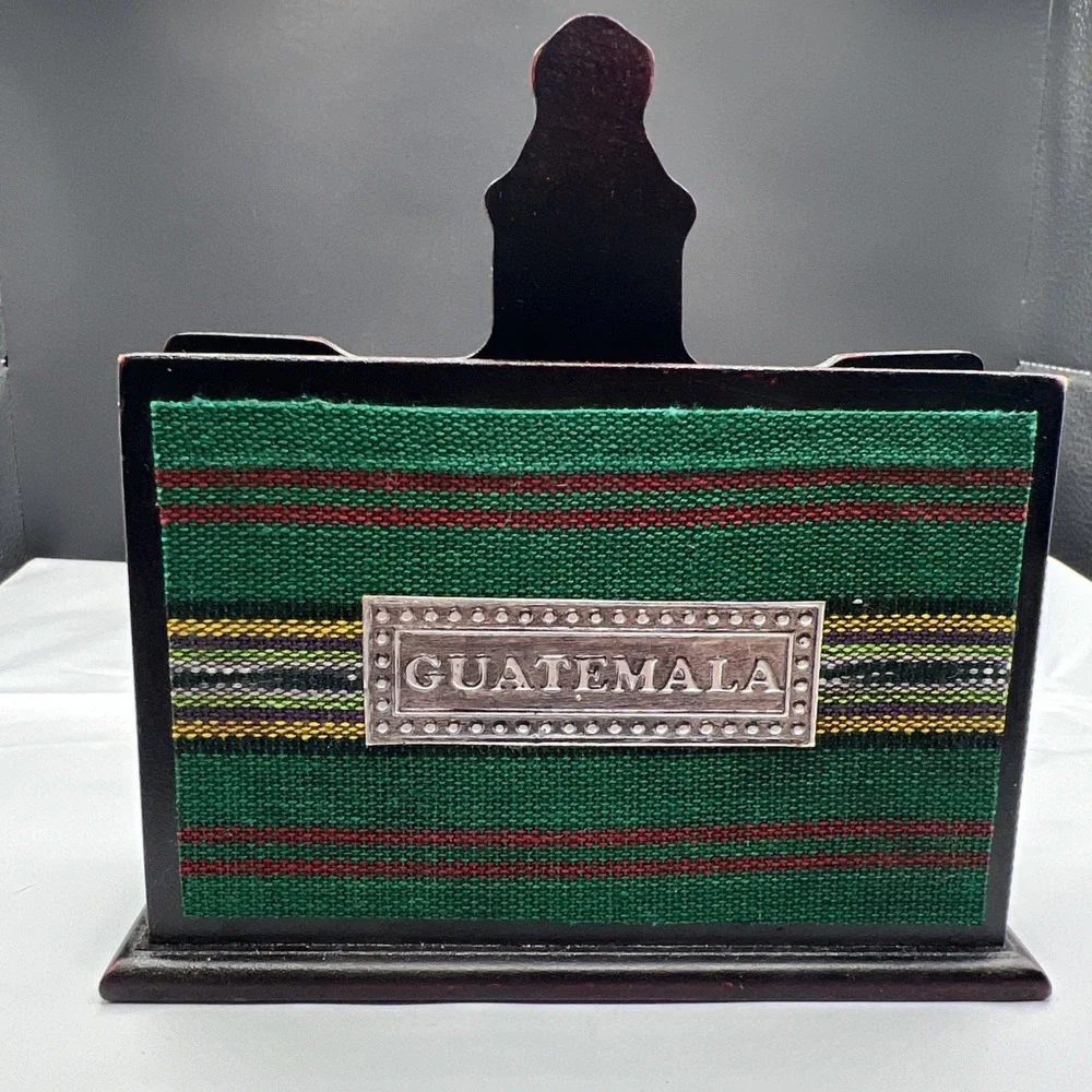 Vtg Guatemala Wood Pewter Napkin Holder Hand Woven Fabric Folk Art Antigua Arch